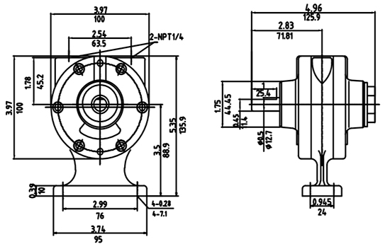 Dimension of 600W pneumatic vane air motor 2AM-H
